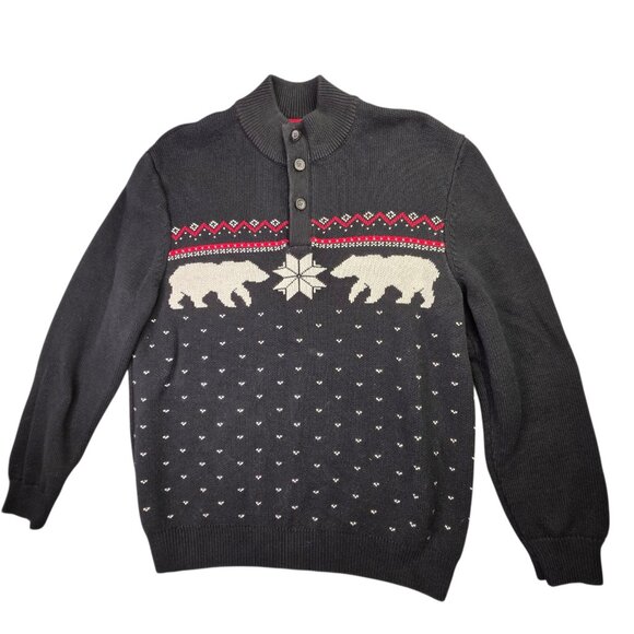 Chaps Sweater Mens Large Black Mock Neck 3-Button Fair Isle Polar Bear Cotton - Picture 1 of 9